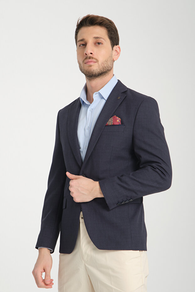Pieros Men's Dark Navy Cotton Blended Slim Fit Slim Fit Four Seasons Blazer Jacket