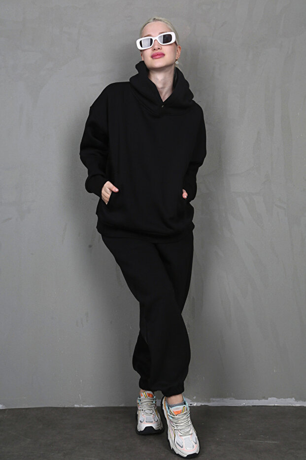 Black Hooded Oversize Women's Tracksuit Suit Mg1905