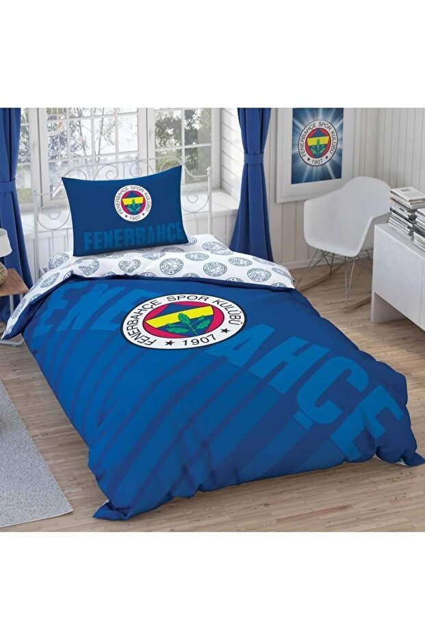 Crown Fan Licensed Ranforce Bed Sheet Elastic Single Duvet Cover Set-Fenerbahçe Navy Blue Logo