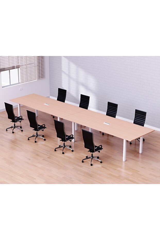 Meeting Table Conference Table with Wire Management & Metal Legs-8 Seater, U-Leg (Oak)