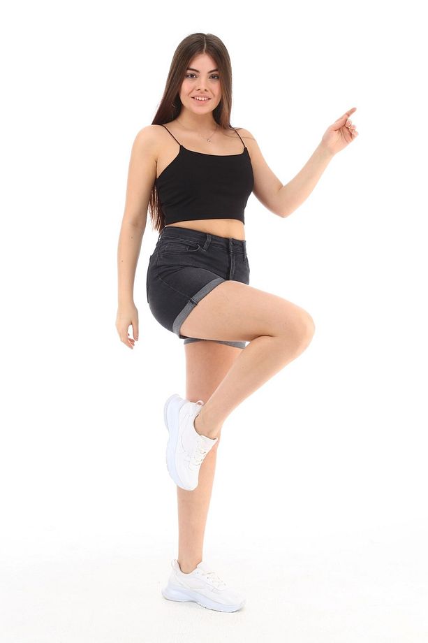 Kadın Yüksek Bel Duble Paça Kot Şort Klasik Mini Jean Şort C604 - 4