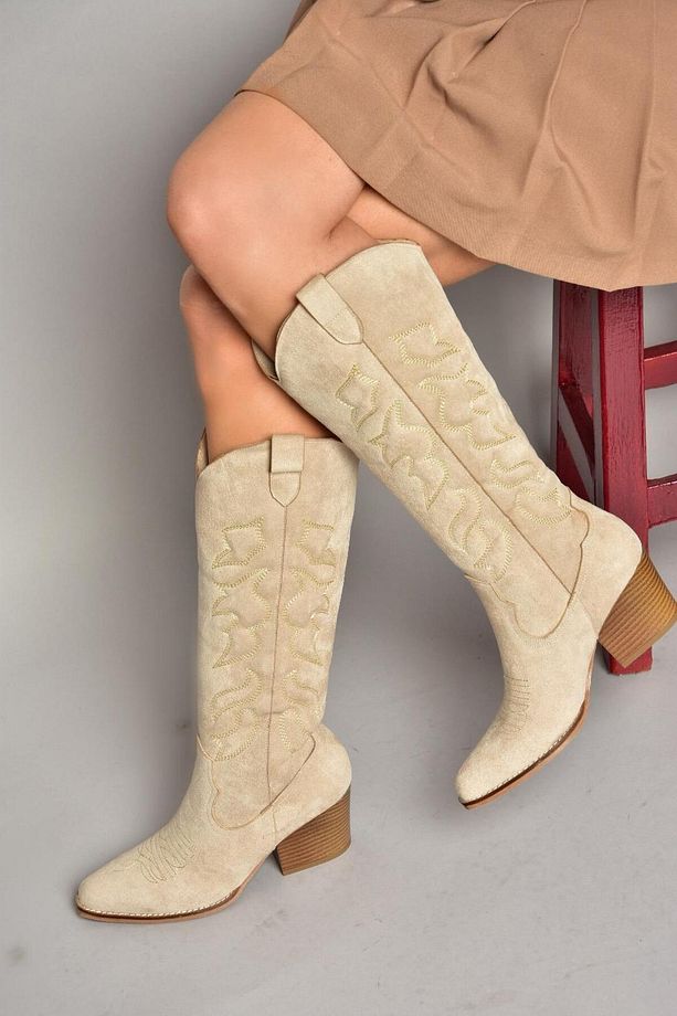 T296815002 Bej Süet Kovboy Model Kadın Çizme - 5