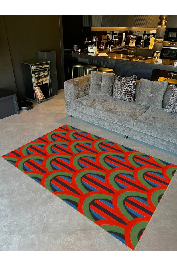 Sun Collection Green Red Abstract Patterned Woven Backing Modern Decorative Carpet solar50