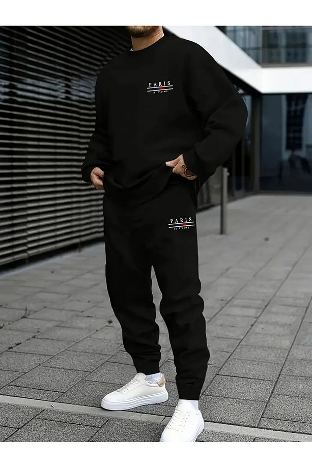 Sweatshirt Eşofman Altı Jogger - Siyah Baskılı Alt Üst Eşofman Takımı Kapüşonlu - 1