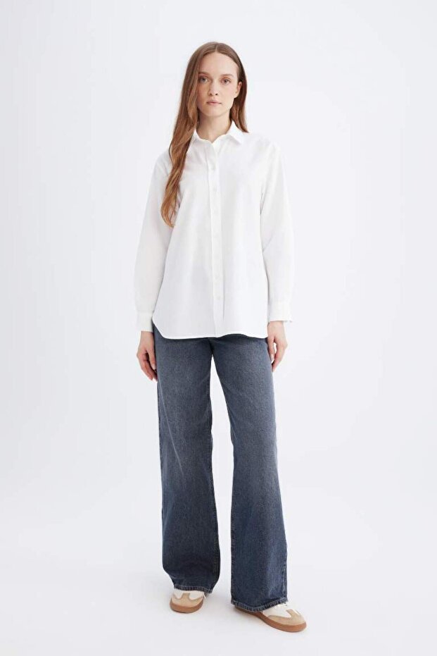 Relax Fit Basic Düz Poplin Uzun Kollu Gömlek Tunik D7341AX25SP - 2