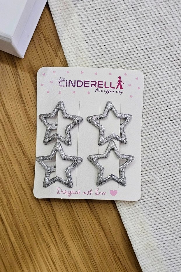 Set of 4 Silver Star Snap Hair Clips - Colorful Girls' Star Snap Side Hair Clips