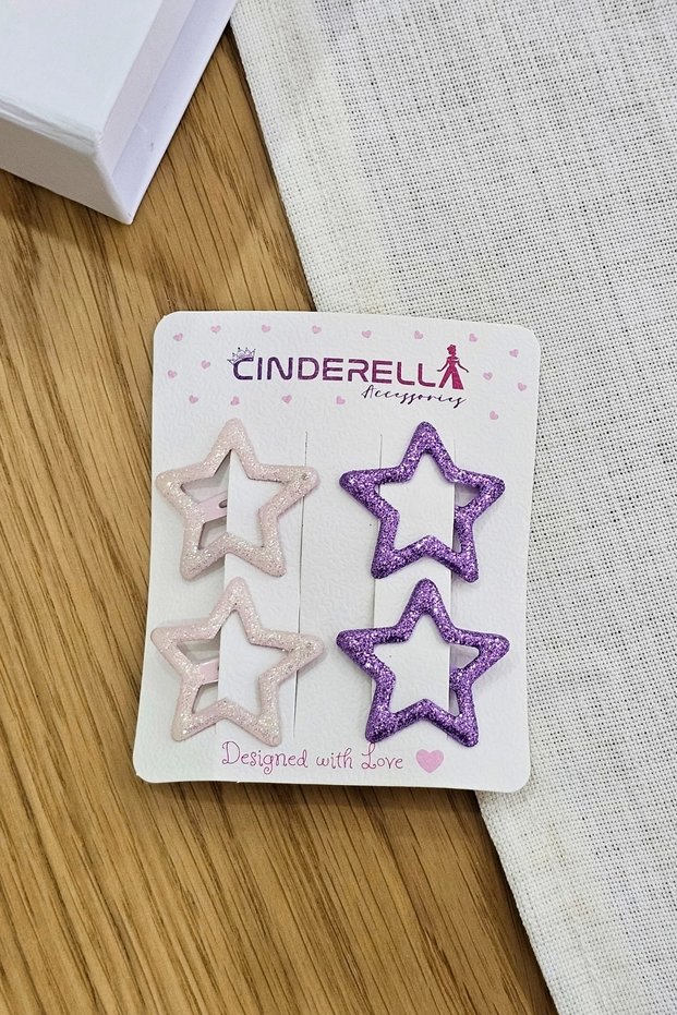 Set of 4 Glittery Light Pink Purple Star Snap Hair Clips - Girls' Metal Snap Hair Clips