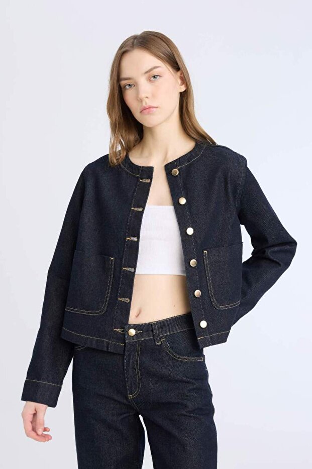 Crop Button Pocket Jean Jacket D5153Ax25Sp