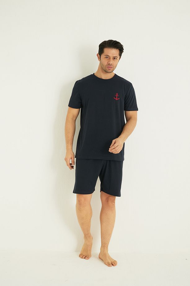 lacivert Kısa Kollu Örme Nakışlı Erkek Şort-Pijama Takım 7820 - 1