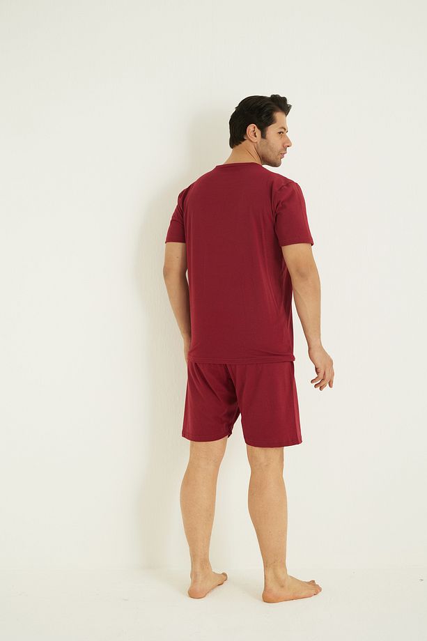 bordo Kısa Kollu Örme Nakışlı Erkek Şort-Pijama Takım 7820 - 2