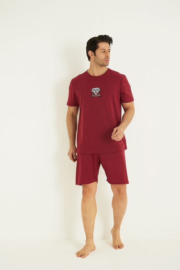 bordo Kısa Kollu Örme Nakışlı Erkek Şort-Pijama Takım 7820 - 1