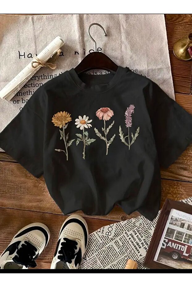 ÇİÇEKLER BASKILI BASİC T-SHİRT - 1