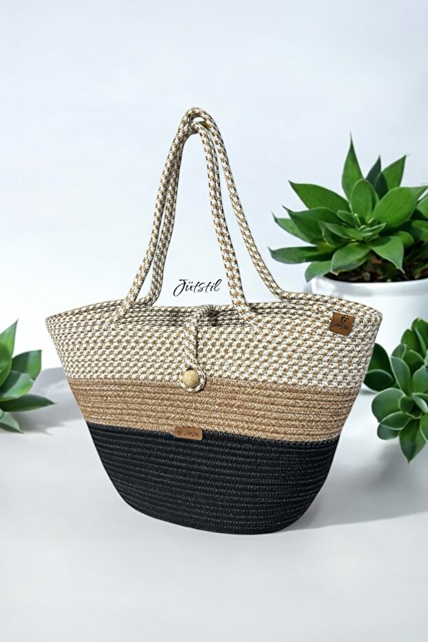 Natural Jute Straw Beach Bag-Button Special Series Bag 3 Colors