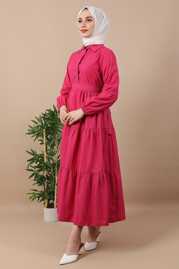 Standart Yaka Düğmeli Elbise K Pembe - 1