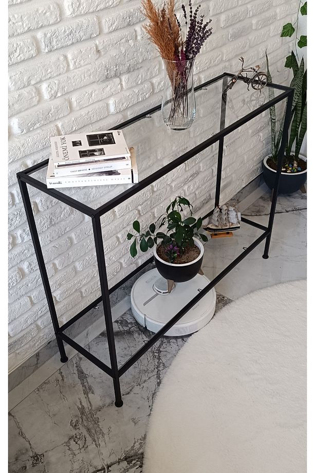 Elegance Siyah Dresuar Kahve Köşesi Modern Konsol 100 cm Şeffaf Cam - 1