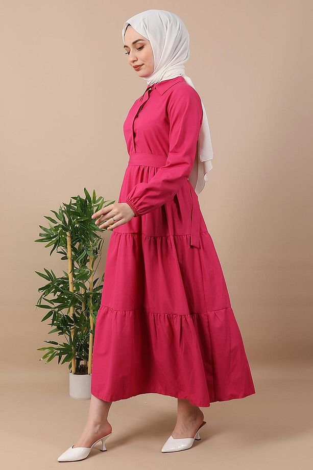 Standart Yaka Düğmeli Elbise K Pembe - 4