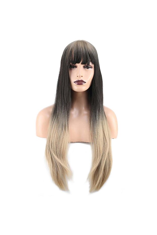 Straight Riveted Long Fiber Synthetic Wig - Ashy Black / Honey Foam Ombrel