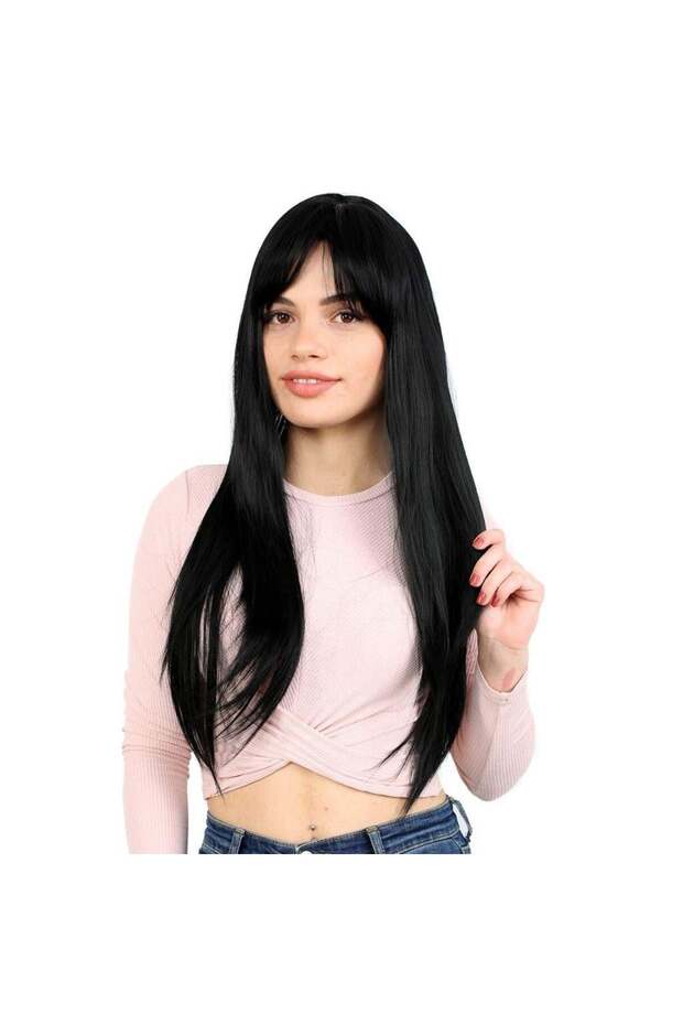 Fiber Synthetic Long Straight Bangs Wig - Black