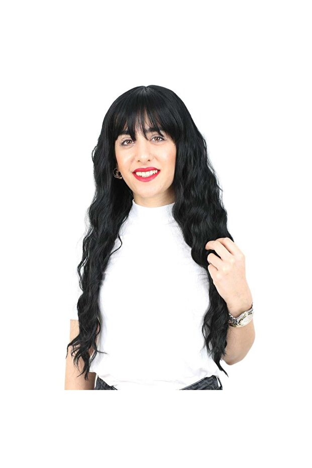 Long Water Wave Fiber Synthetic Wig with Perch - Black