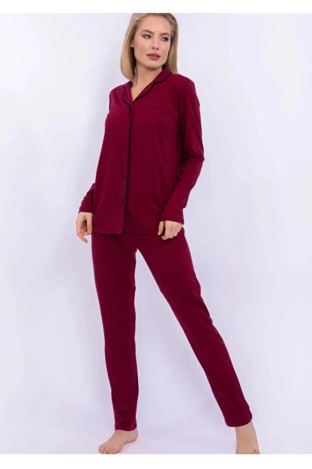 Women's long sleeve button-down shirt collar pajama set with bias trim thclvr.77.17.pc.vr