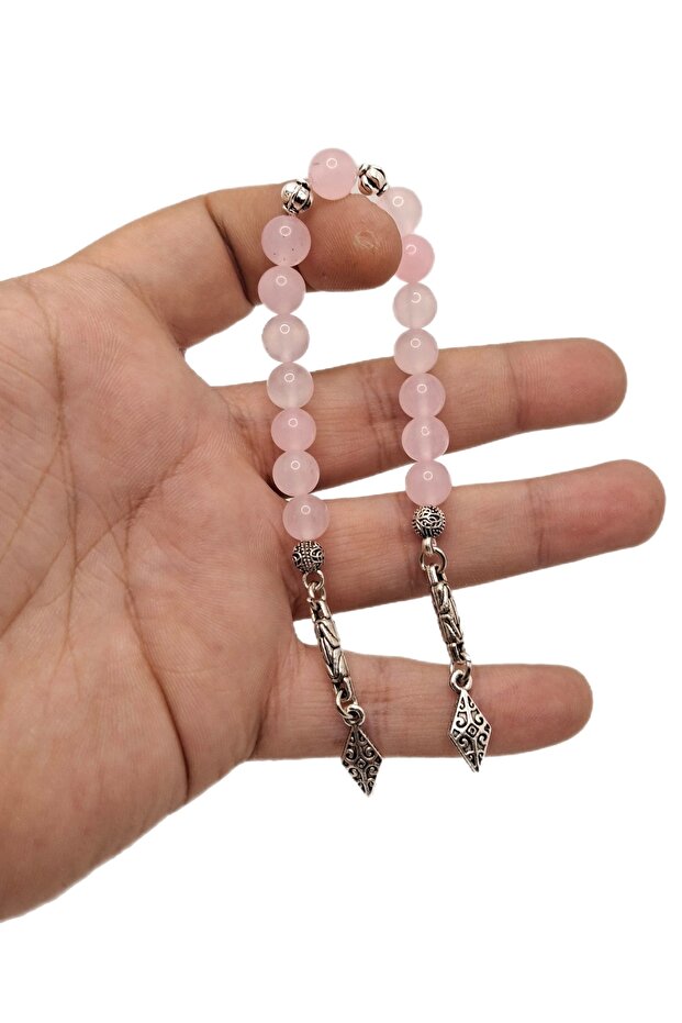 Natural Pink Quartz Stone Zaza Rosary with Silver Color Combination