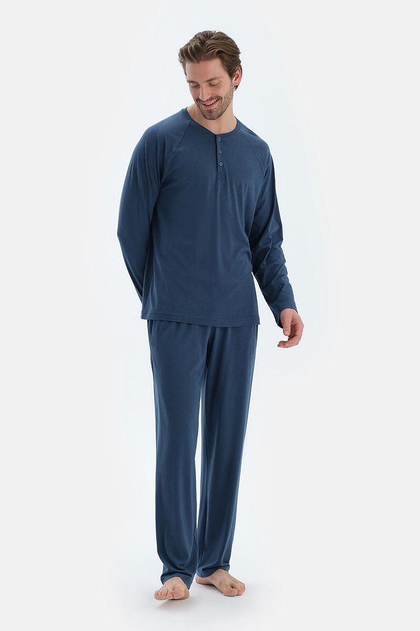 Lacivert Reglan Uzun Kollu Basıc Tişört Pantolon Pijama Takımı - 4
