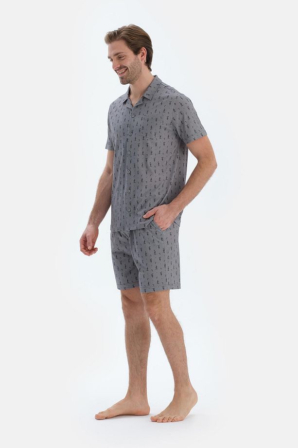 Gri Metraj Baskılı Gömlek Şort Pijama Takımı - 3