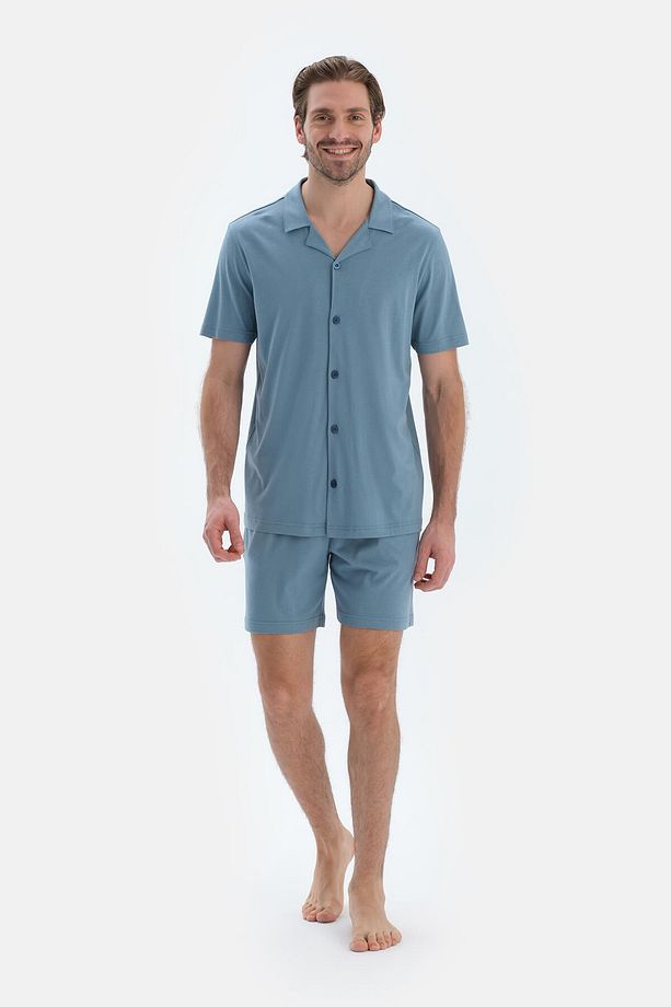 Mavi Kısa Kollu Cepli Basıc Gömlek Şort Pijama Takımı - 4