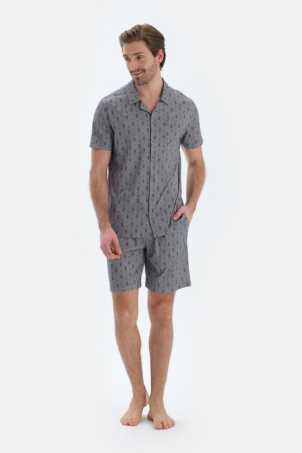 Gri Metraj Baskılı Gömlek Şort Pijama Takımı - 4