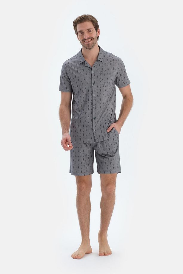 Gri Metraj Baskılı Gömlek Şort Pijama Takımı - 1
