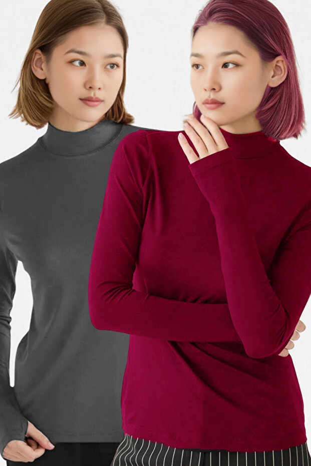 Women's Anthracite Claret Red 2-Piece Finger Detailed Ultra Soft Bodysuit