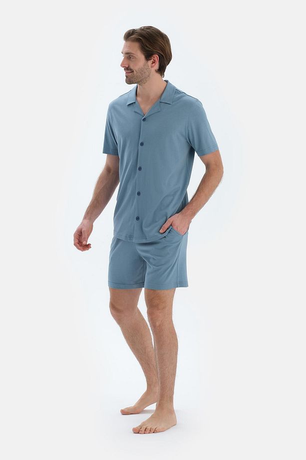 Mavi Kısa Kollu Cepli Basıc Gömlek Şort Pijama Takımı - 3