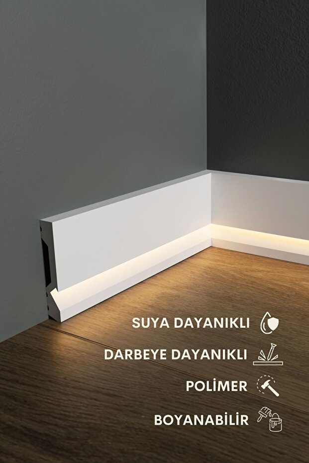 TheAccentWall Ledli Süpürgelik, Beyaz Polimer Boyanabilir, Suya ...