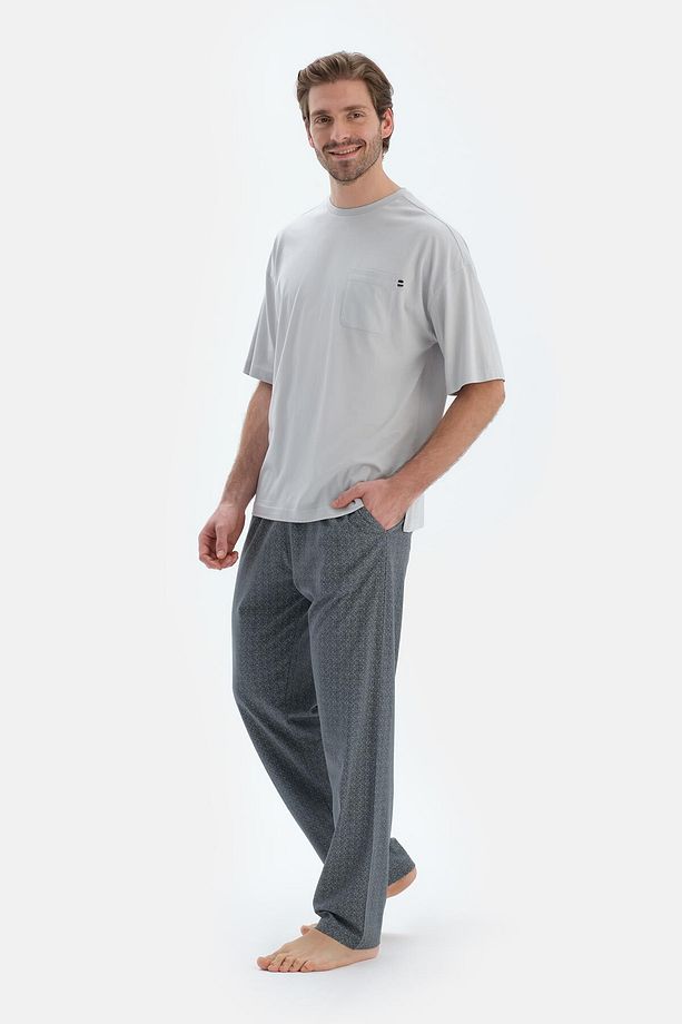 Gri Bisiklet Yaka Oversıze Üstlü Pamuk Modal Pijama Takımı - 3