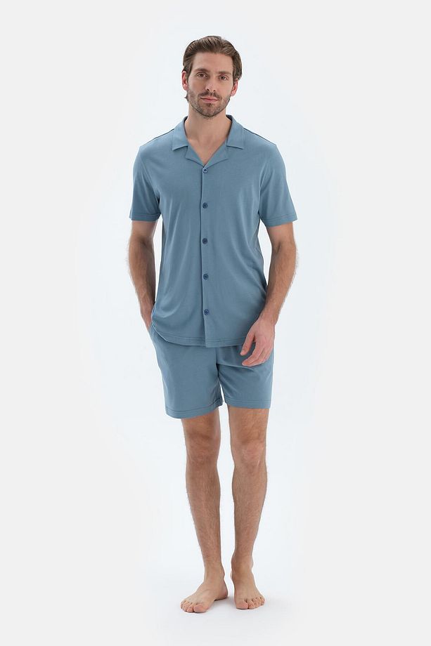 Mavi Kısa Kollu Cepli Basıc Gömlek Şort Pijama Takımı - 1