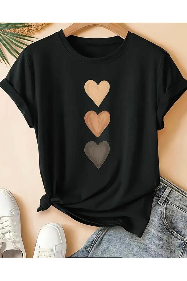 DİK KALPLER BASKILI BASİC T-SHİRT - 1
