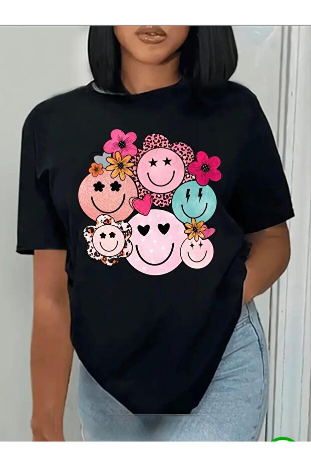 Smile Faces Printed Basic T-Shirt - 1