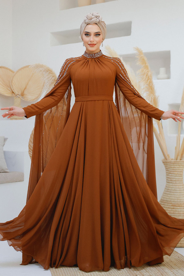Cape Detailed Tan Hijab Evening Dress 47381Tb