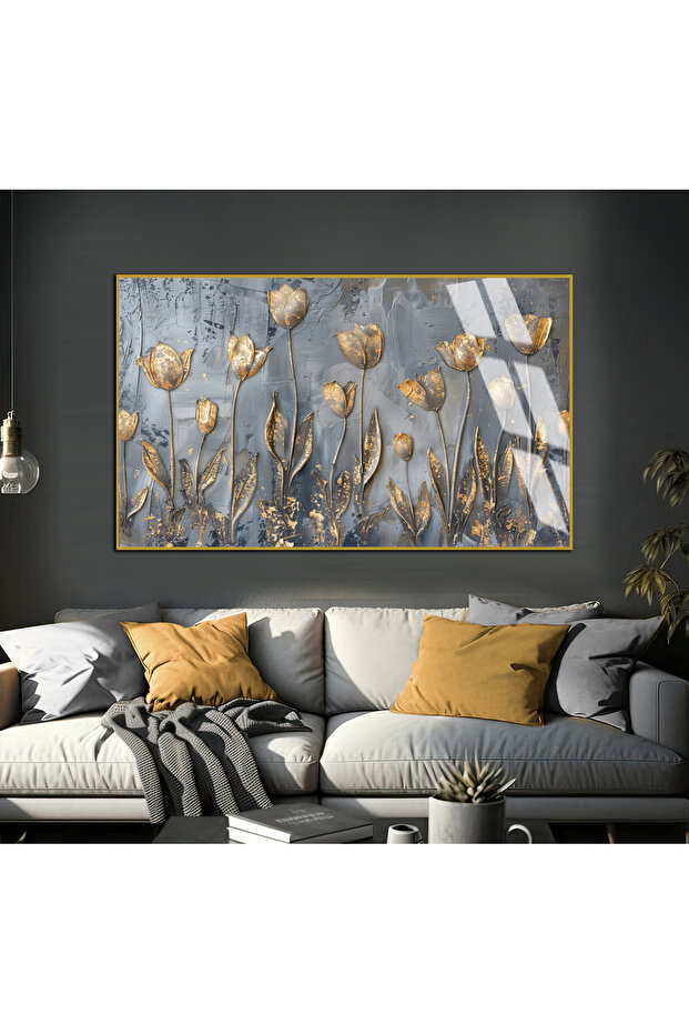 Hari̇kabi̇rev | Gray-Gold Flower Details Abstract Model | Framed Tempered Glass Table Single Horizontal
