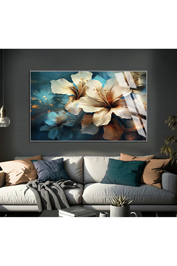 Hari̇kabi̇rev | Gold-Turquoise Color Flower Model | Framed Tempered Glass Table Single Horizontal