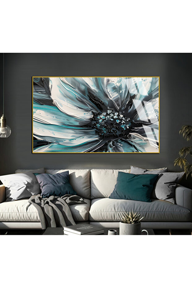 Hari̇kabi̇rev | Turquoise-Grey Flower Detail Model 01 | Framed Tempered Glass Table Single Horizontal