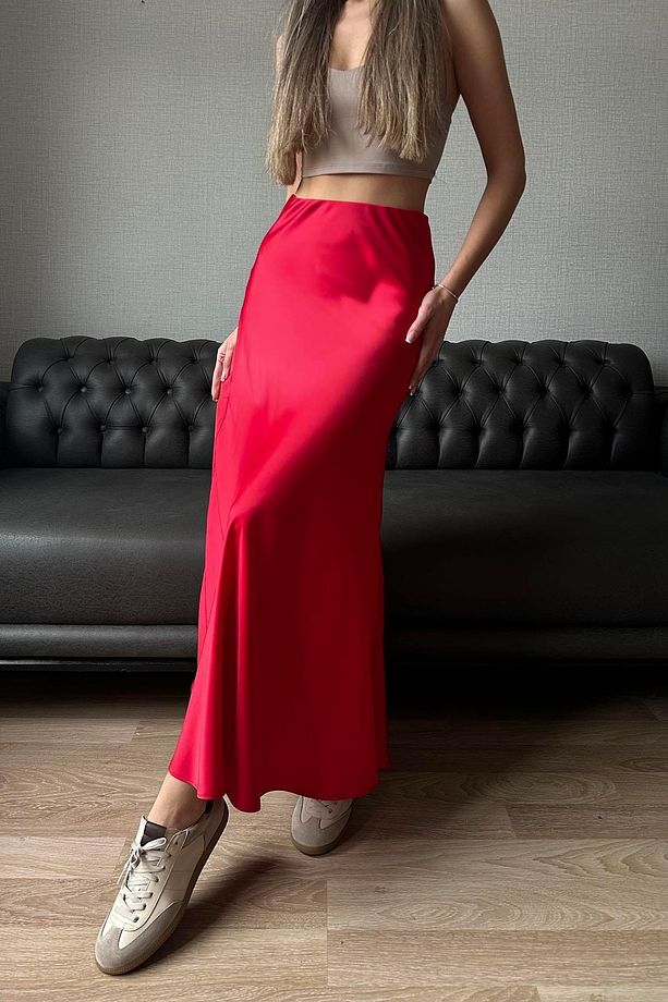 Mohinto Saten Balık Midi Etek Kırmızı - 3