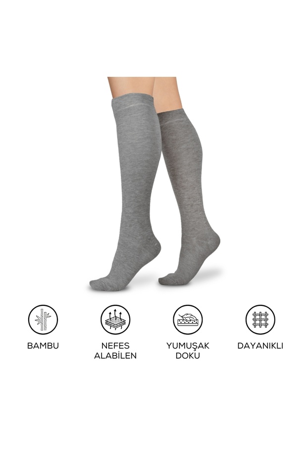 Bamboo Women's Knee Length Plain Melange Gray Color Soft Long Seamless Socks / Not Showing Skin Socks