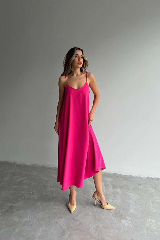 Viskon Askılı Elbise Pembe - 1