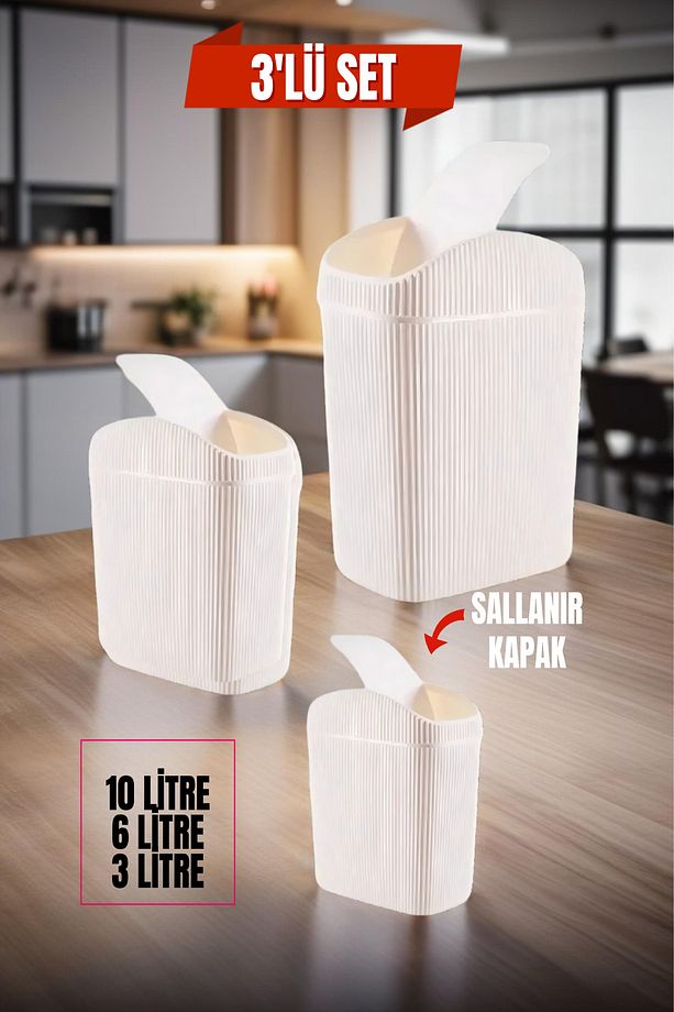 3'lü Çöp Kovası, Mutfak, Banyo, Tuvalet, Ofis Çöp Kutusu Krem - 1