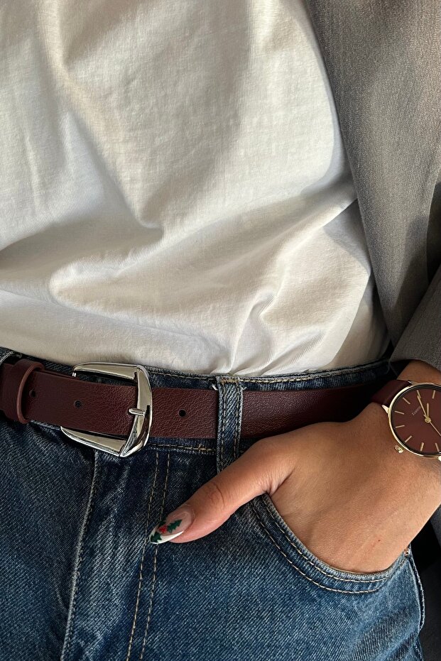 Boris Silver Buckle Women's Belt (Burgundy)