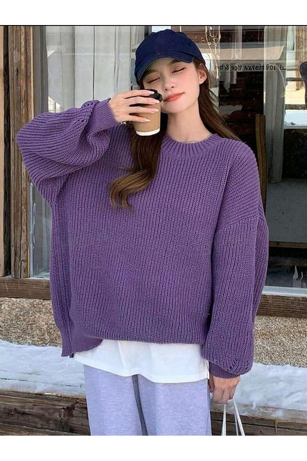 Mor Bisiklet Yaka Oversize Kadın Triko Kazak - 1