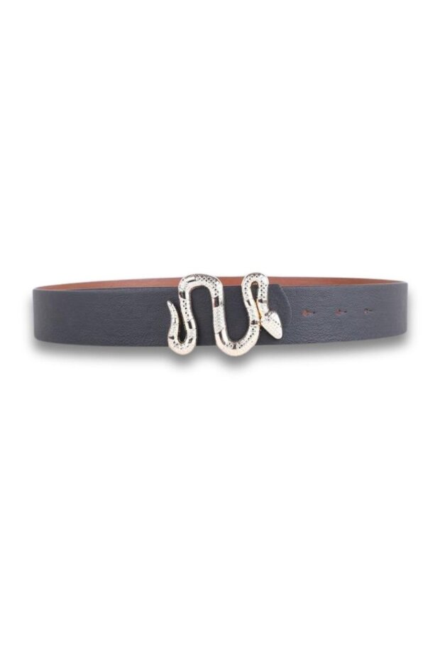 Snake Print Silver Buckle Black Thin Women's Belt Vosdk 0024101