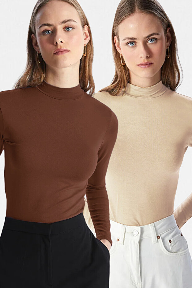 Women's Beige Brown 2-Piece Stand Collar Ultra Soft Bodysuit