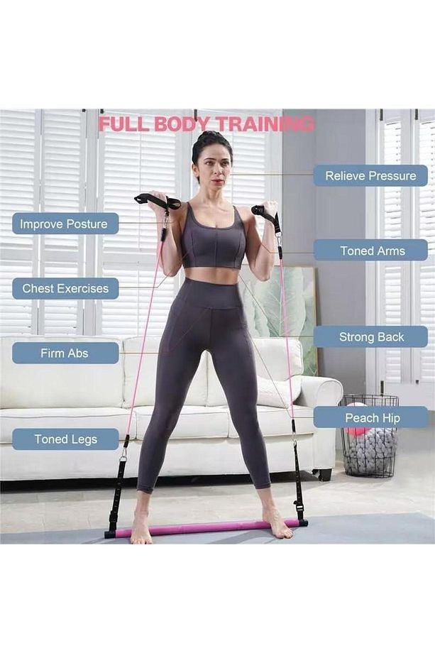 Full Vücut Pilates Bar Seti Egzersiz Çubuğu Ayarlanabilir Evde Onlarcak Farklı Spor Jimnast - 8